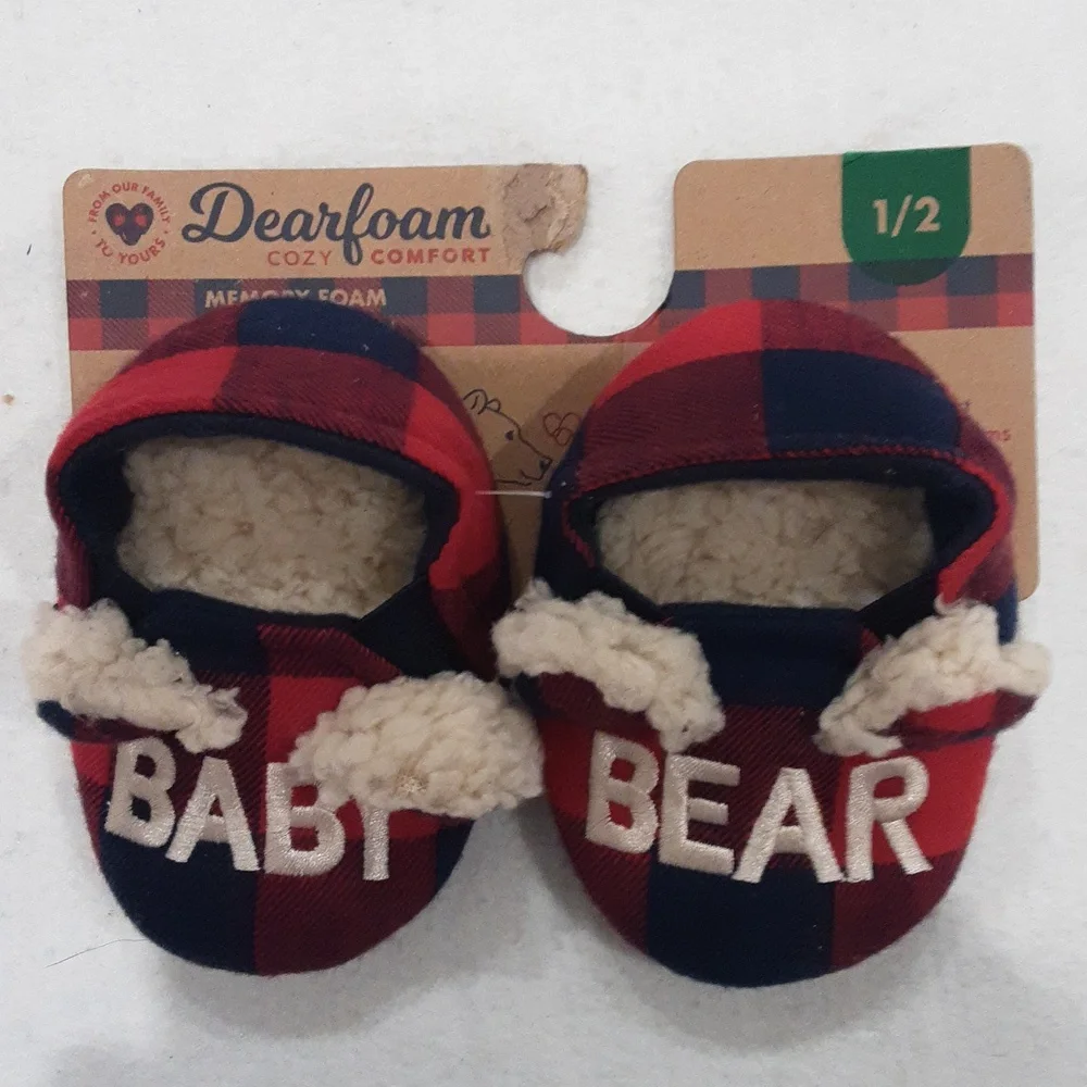 DEARFOAMS Cozy Comfort Baby Bear Plaid Closed Back Slippers NWT